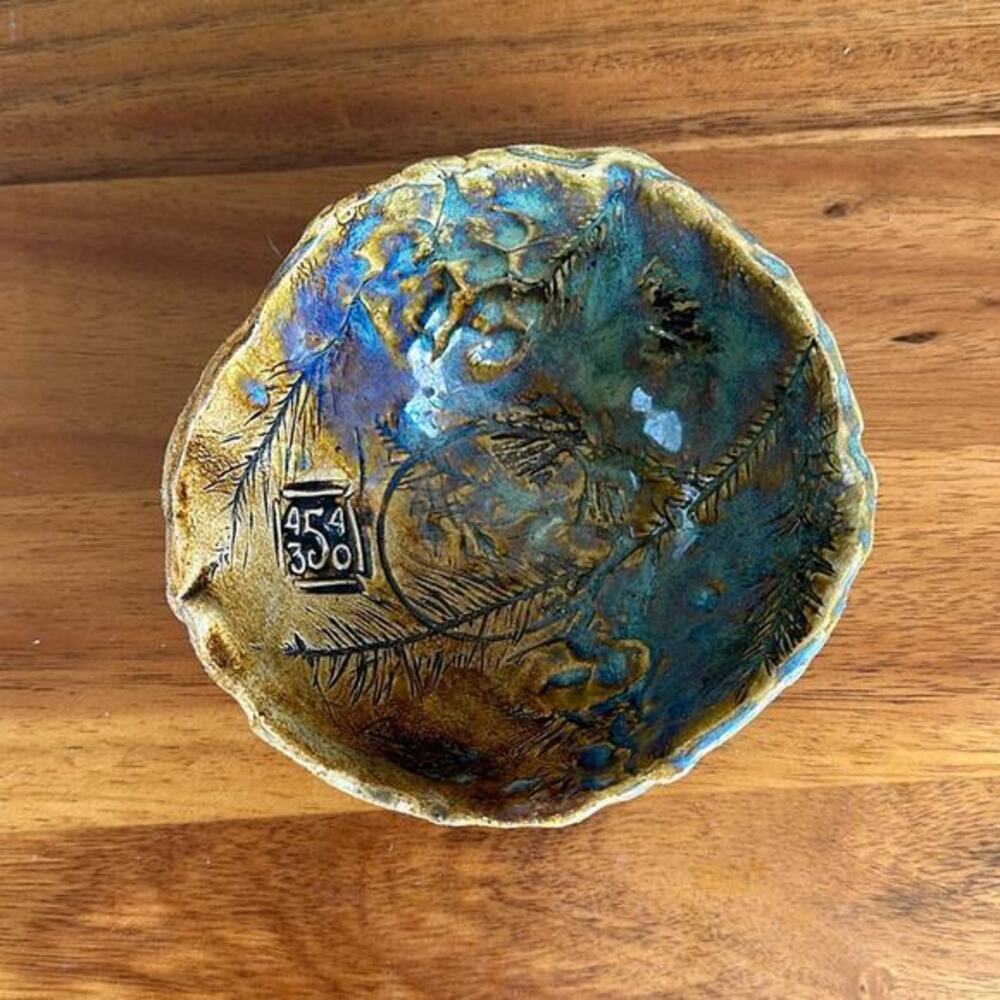 Art pottery blue bowl‎ dish floral woodsy theme stamped inside with maker